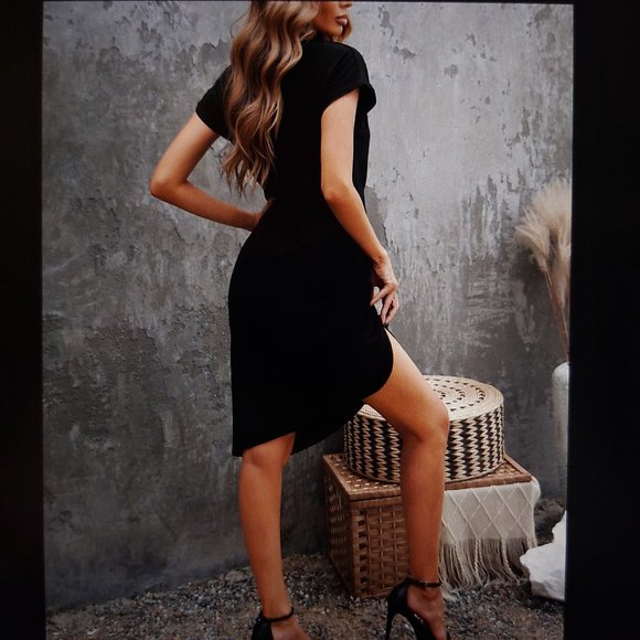 069. Black Side Shirring Short Sleeve Mini Dress Size S - Picture 4 of 13